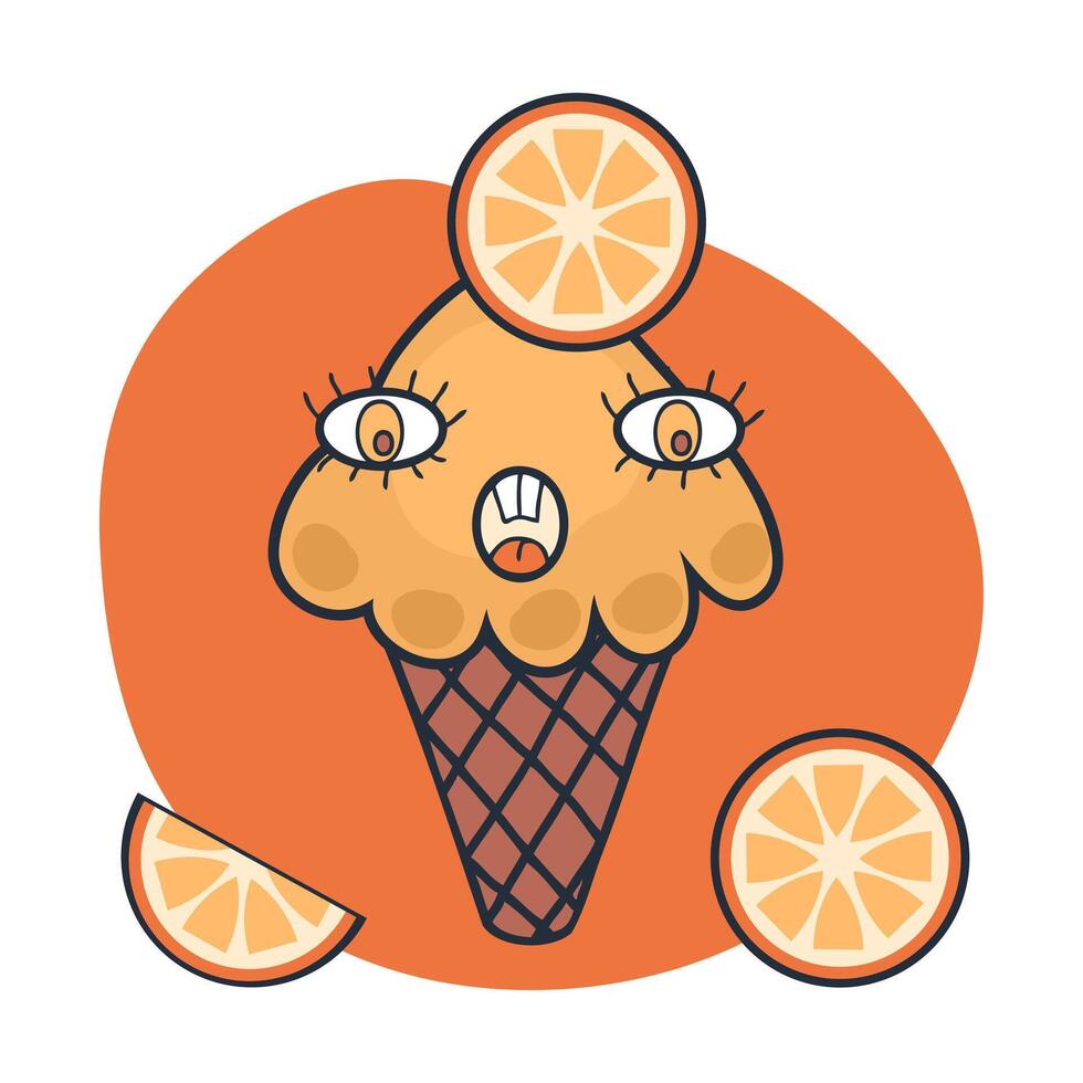 Giggle face orange ice cream character with doodle eyes in 90s style. Perfect print for tee, sticker, poster. Hand drawn illustration for decor and design. vector