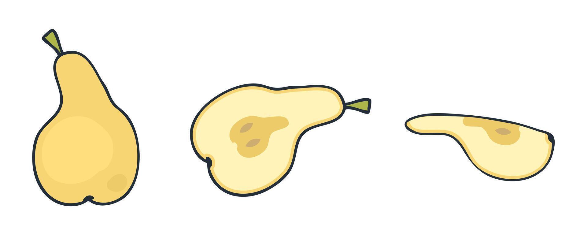 Doodle pear slices set, flat fruit clipart collection. Hand drawn illustration for decor and design. vector