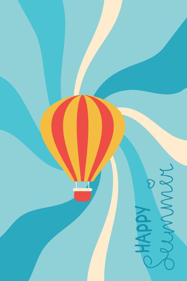 Vertical poster with hot air ballon in summer sky. Perfect template for banner, card, label, sale. Hand drawn illustration. vector