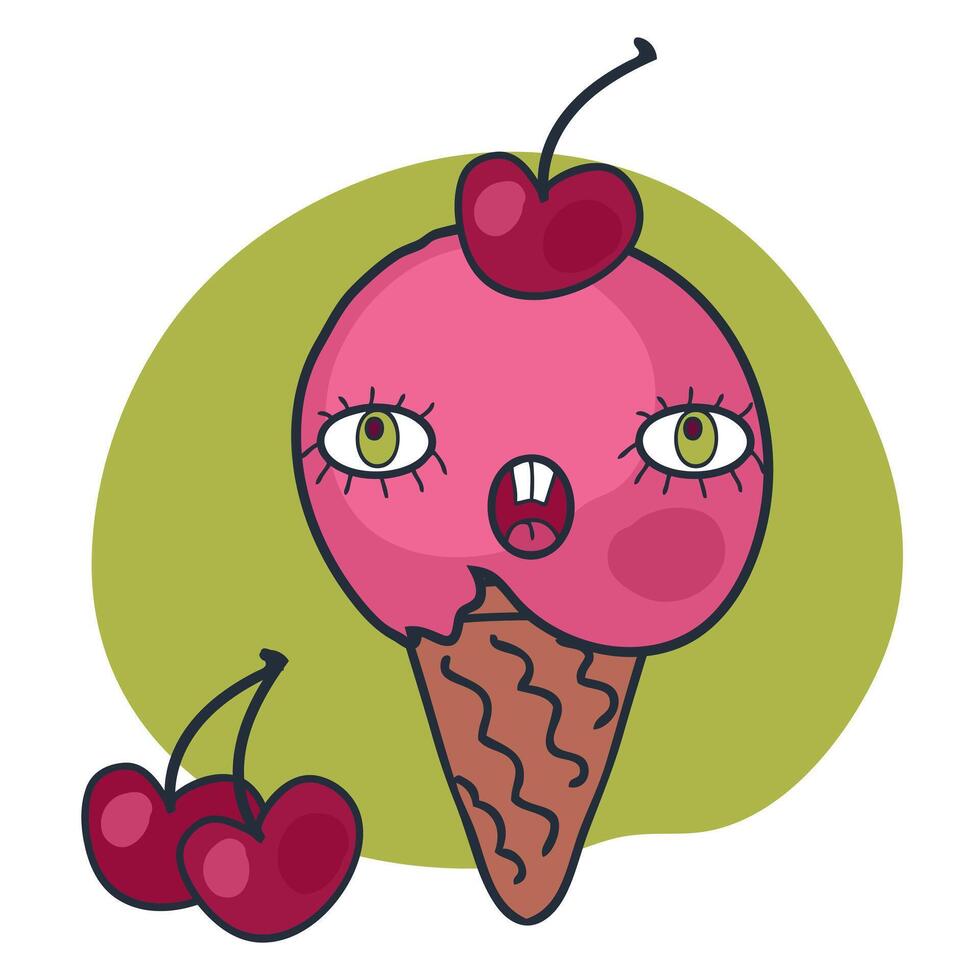 Cute giggle face cherry ice cream cone character with doodle eyes. Perfect print for tee, sticker, poster. Funny illustration for decor and design. vector