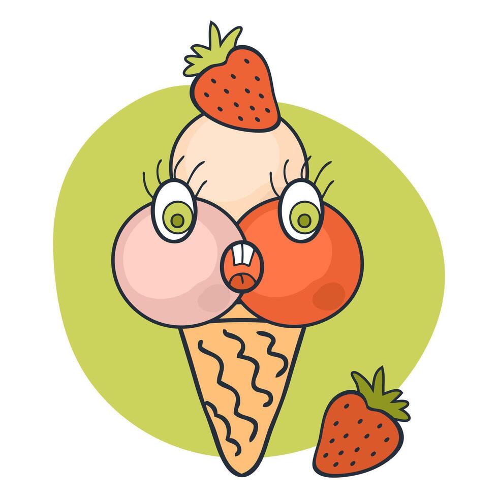 Crazy face strawberry ice cream cone character with doodle eyes. Perfect print for tee, sticker, poster. Hand drawn illustration for decor and design. vector
