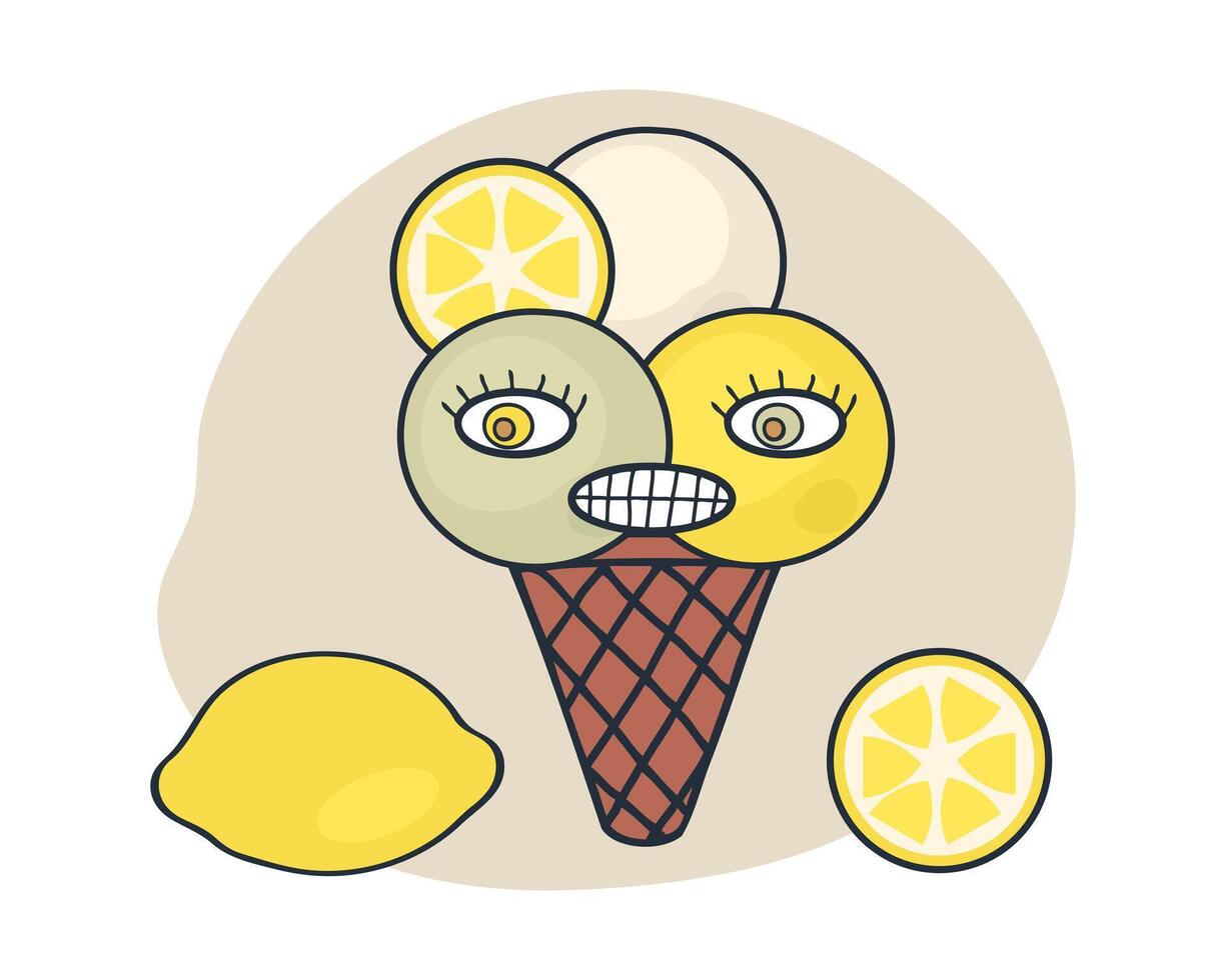 Surprised face lemon ice cream cone character with googly eyes in retro style. Perfect print for tee, sticker, poster. Cute illustration for decor and design. vector