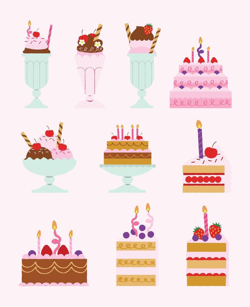 Large Selection of Birthday Cakes and Cupcakes. Items for Celebrations and Parties. Dessert Icons for Festive Occasions. Chocolate, Vanilla, Sprinkles, Candles vector