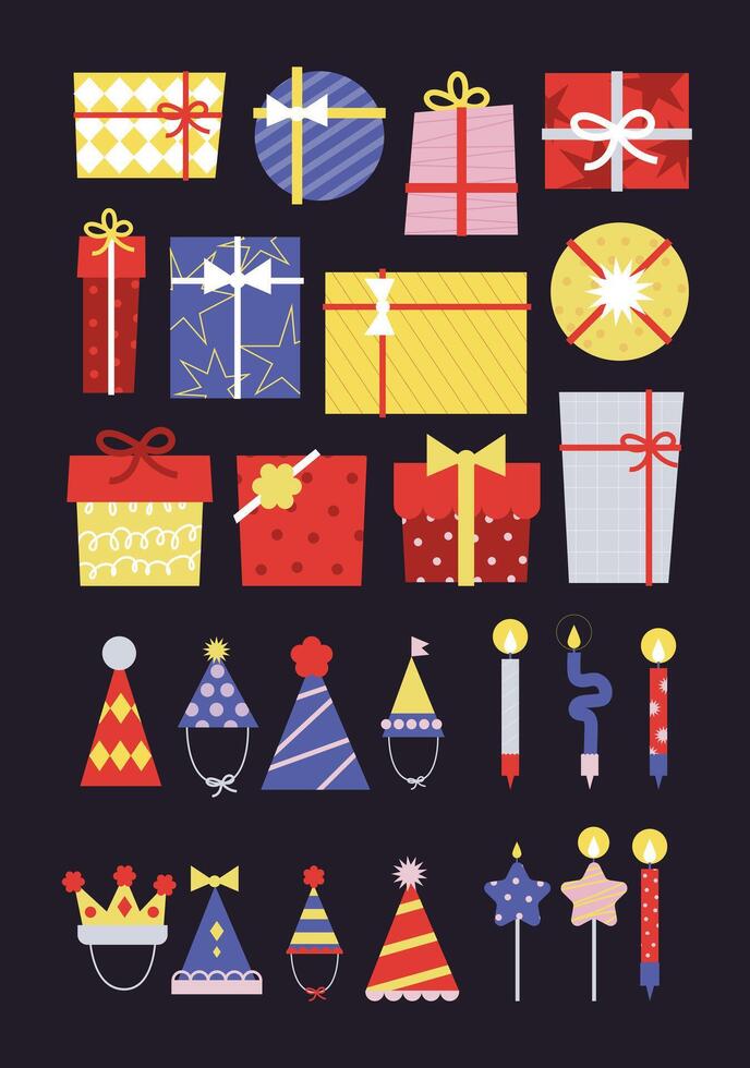 Chic Collection of Party Props. Ideal for Festive Gatherings and Events. Fun and Colorful Decorative Icons. Hats, Masks, Balloons, Streamers. vector