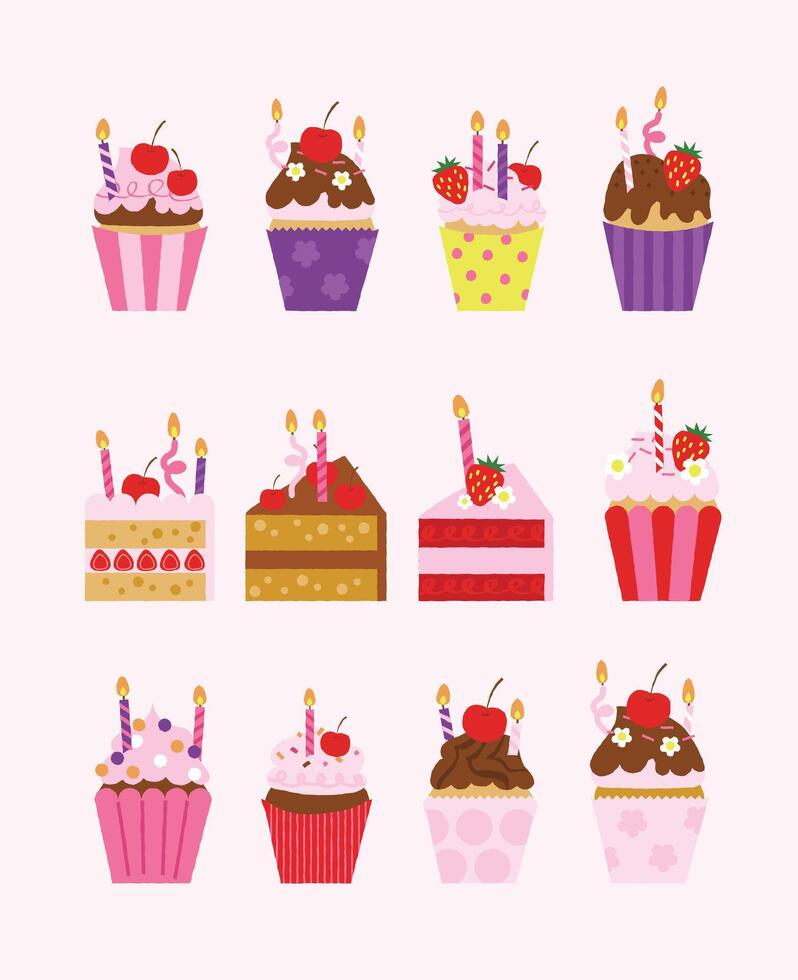 Large Selection of Birthday Cakes and Cupcakes. Items for Celebrations and Parties. Dessert Icons for Festive Occasions. Chocolate, Vanilla, Sprinkles, Candles vector