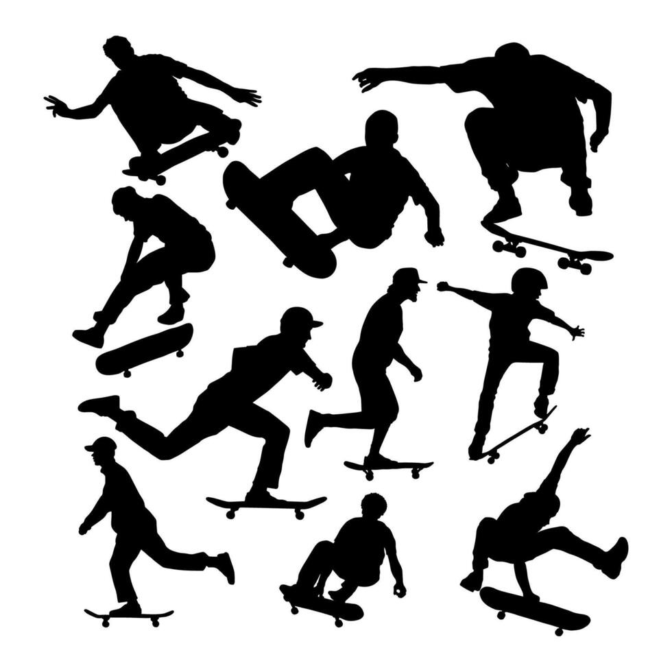 black silhouettes of skateboarders in various poses. vector