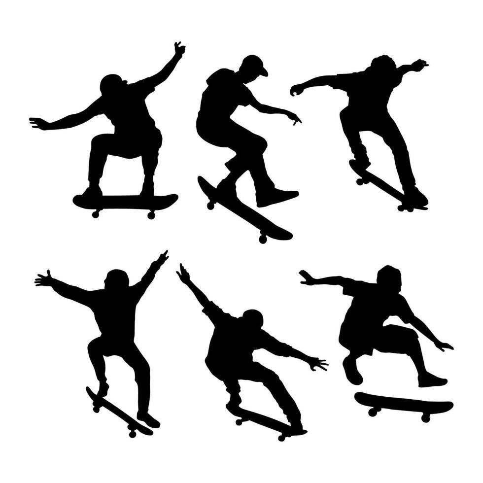 black silhouettes of skateboarders in various poses. vector