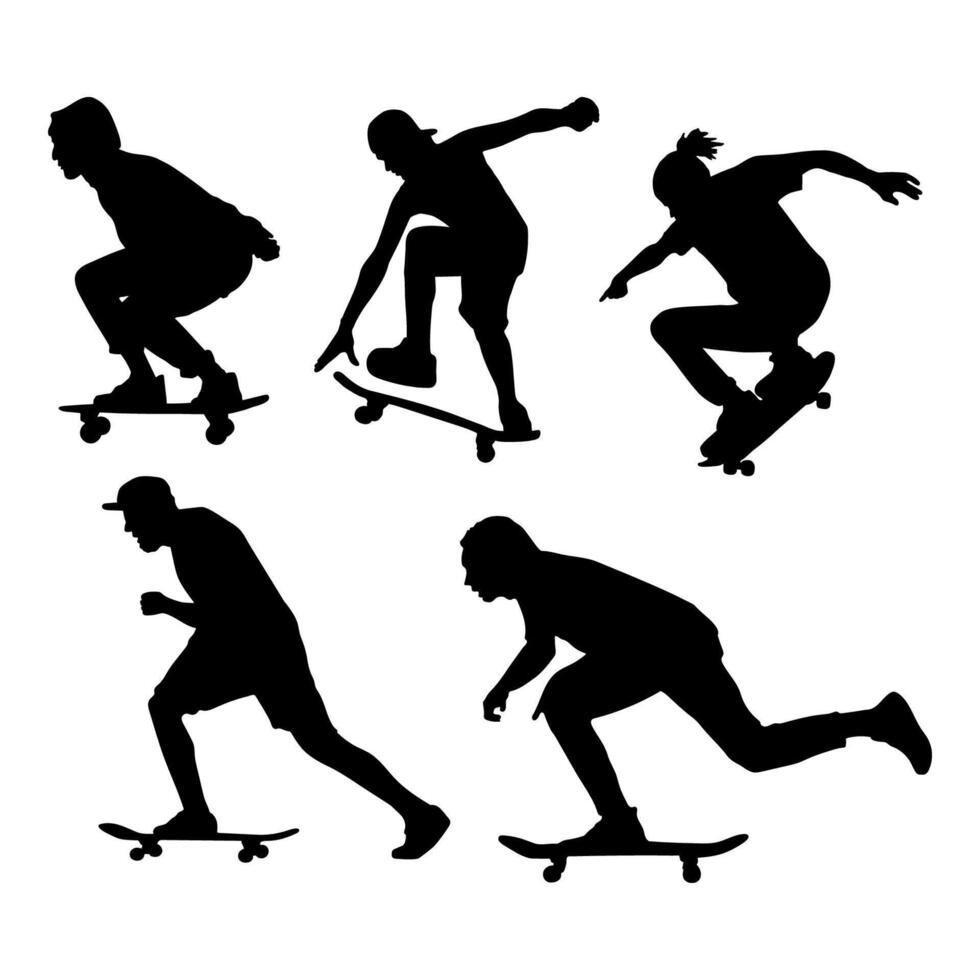 Five black silhouettes of skateboarders in various poses. vector