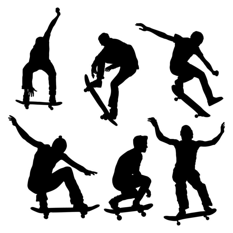 black silhouettes of skateboarders in various poses. vector