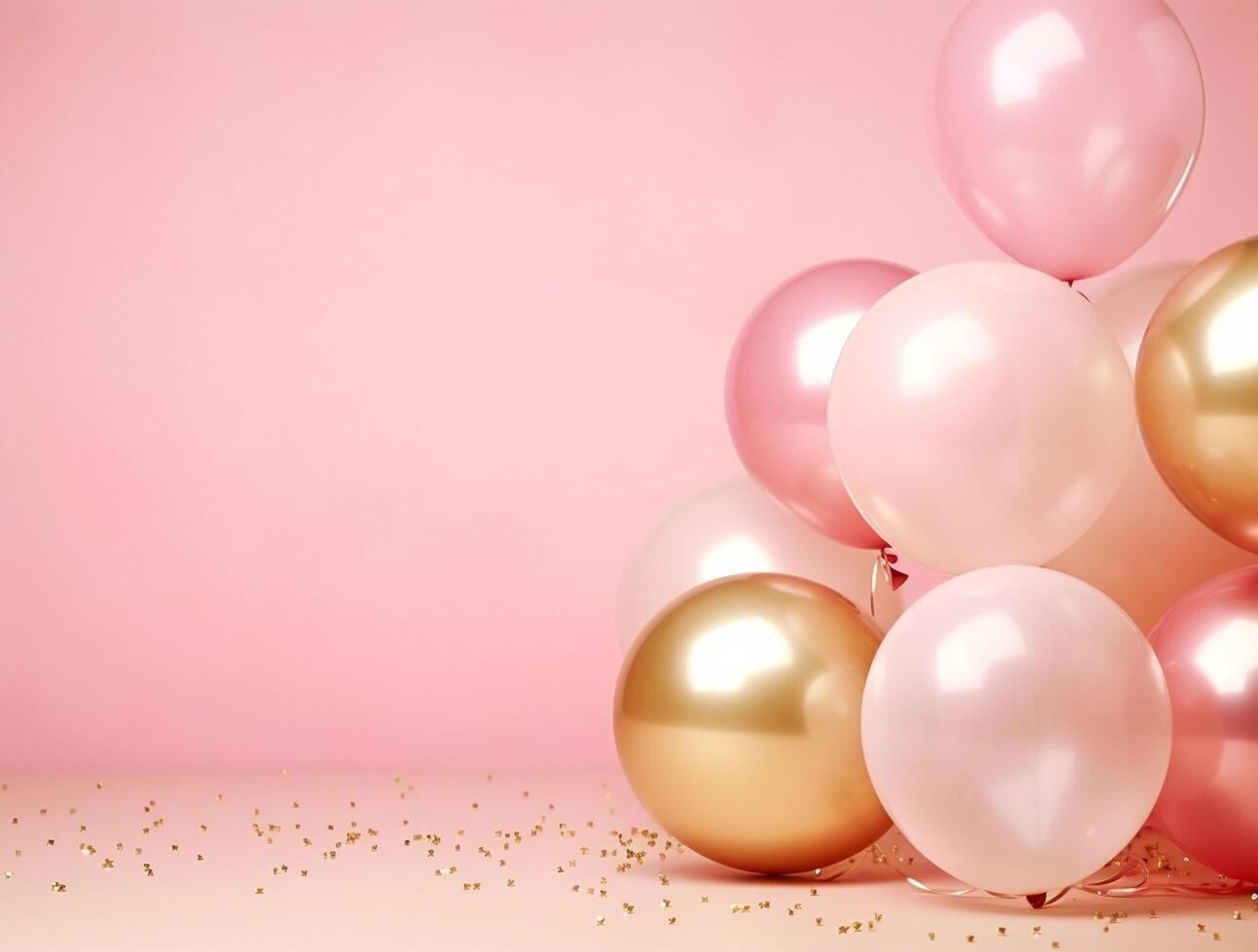 Pink and gold balloons with stars on pink background photo
