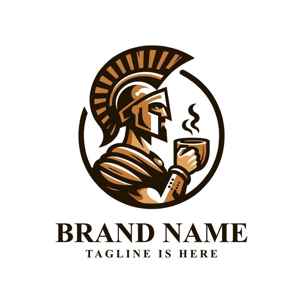 Unique Spartan enjoying coffee logo blending strength with relaxation. Perfect for coffee shops, cafes, or lifestyle brands. The design combines a fierce warrior with the comfort of a coffee break. vector