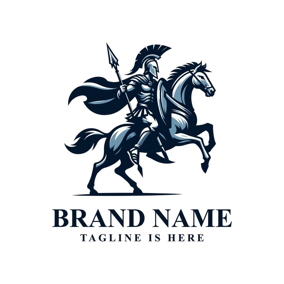 Epic Spartan on horseback logo featuring a striking and heroic design. Ideal for action games, martial arts schools, or military-themed projects. The logo represents bravery, leadership, and power. vector