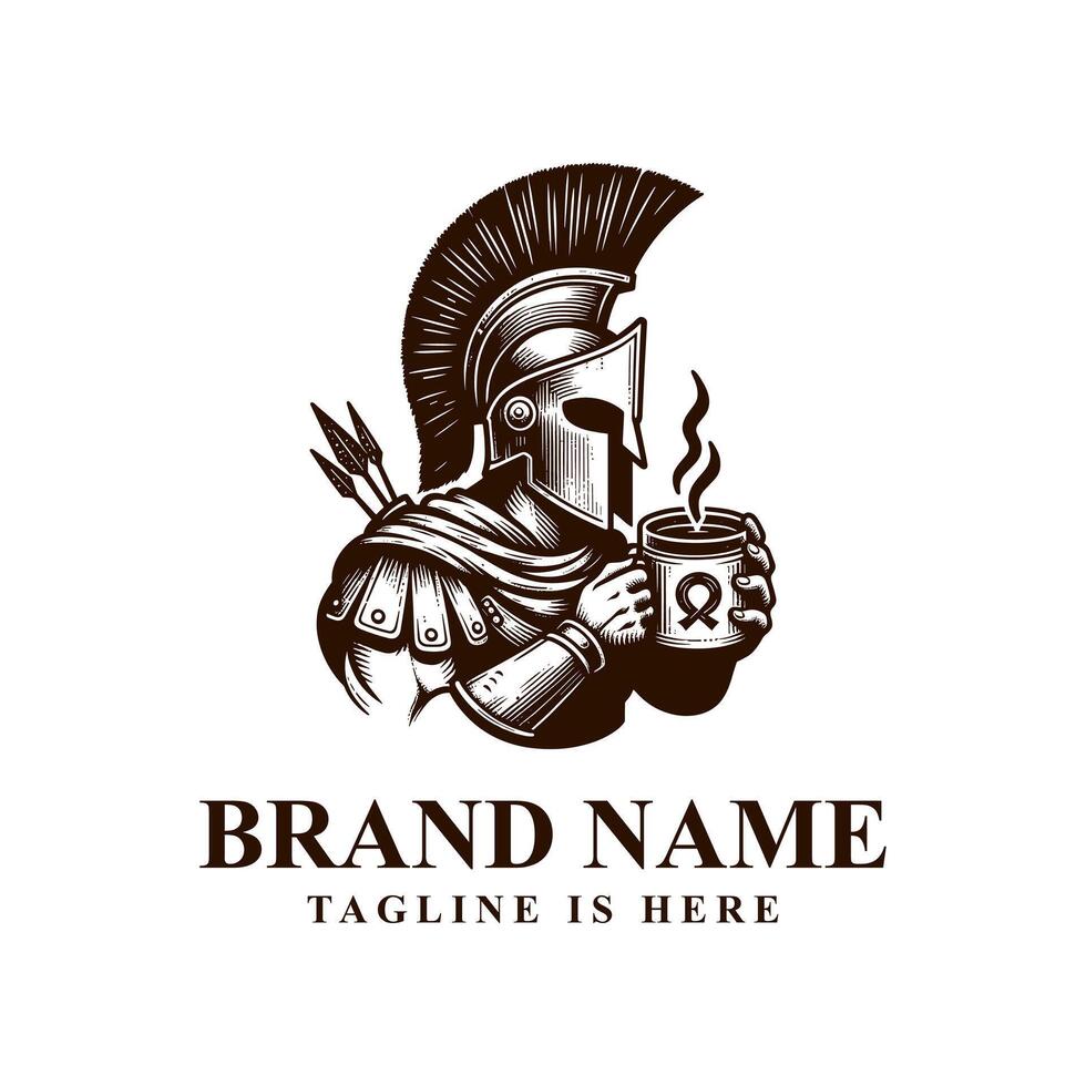 Unique Spartan enjoying coffee logo blending strength with relaxation. Perfect for coffee shops, cafes, or lifestyle brands. The design combines a fierce warrior with the comfort of a coffee break. vector