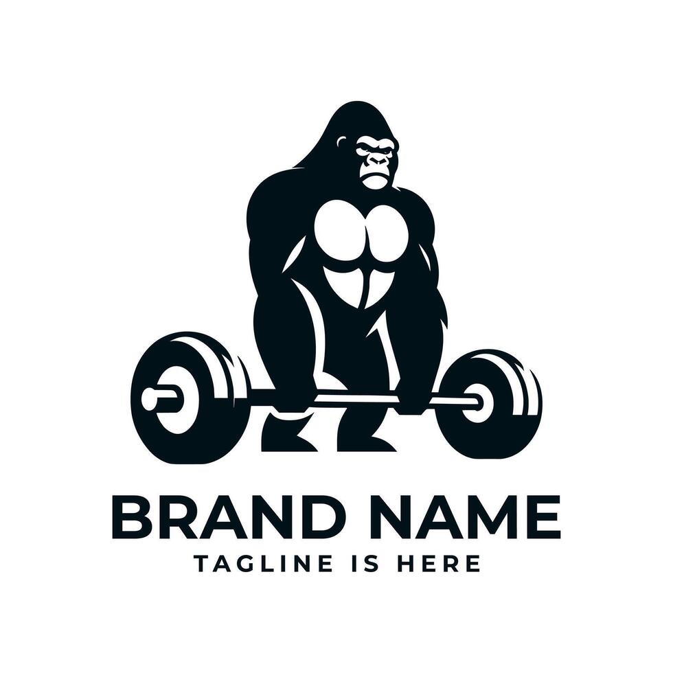 Powerful gorilla lifting a barbell logo representing strength and determination. Perfect for gyms, fitness programs, or bodybuilding events. The design symbolizes muscular power and fitness goals. vector