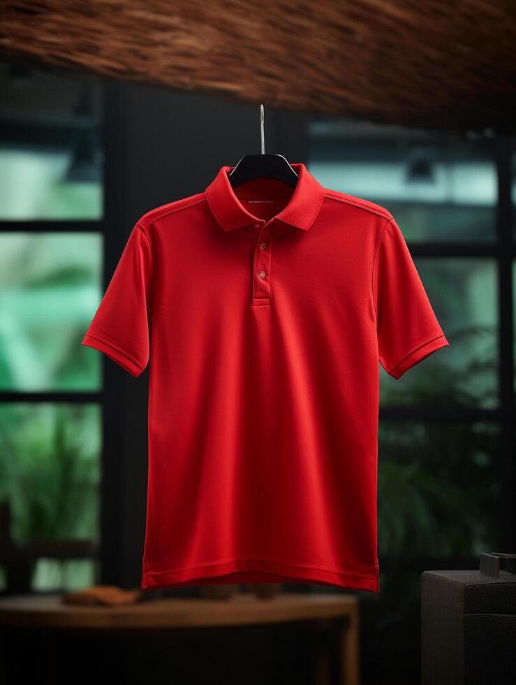 Hanging Polo tshirt with luxury background for mockup photo
