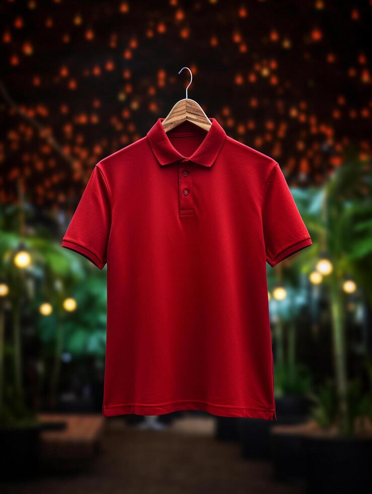 Hanging Polo tshirt with luxury background for mockup photo