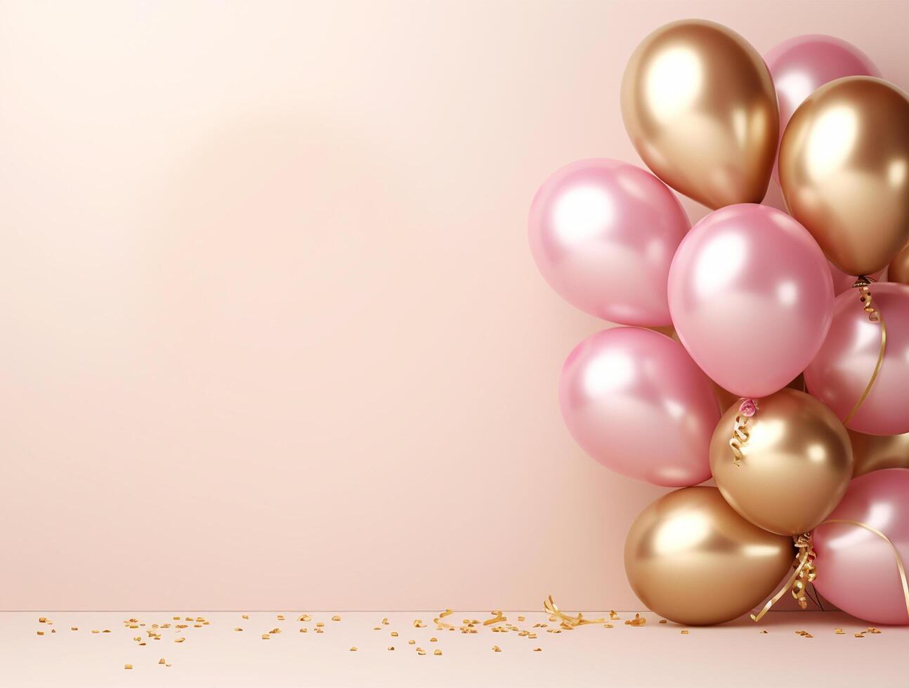 Pink and gold balloons with stars on pink background photo