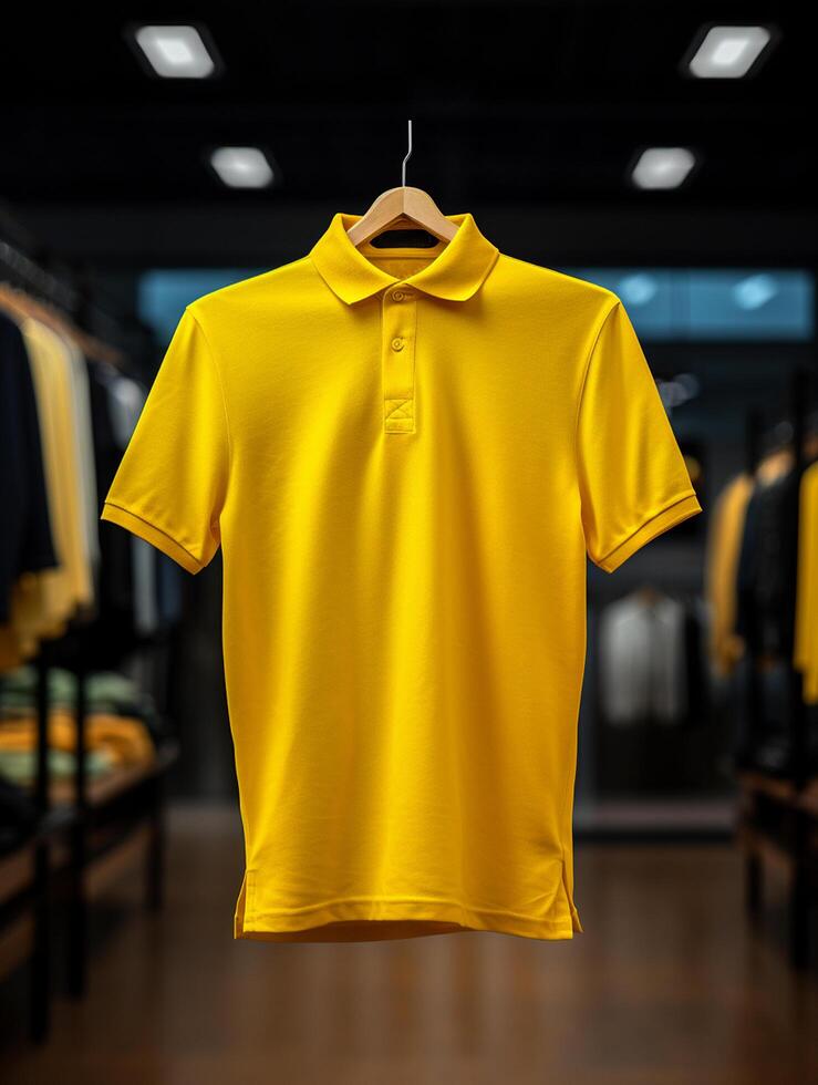 Hanging Polo tshirt with luxury background for mockup photo