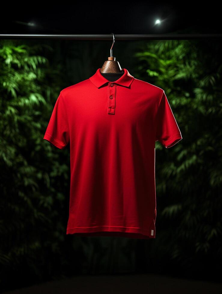 Hanging Polo tshirt with luxury background for mockup photo