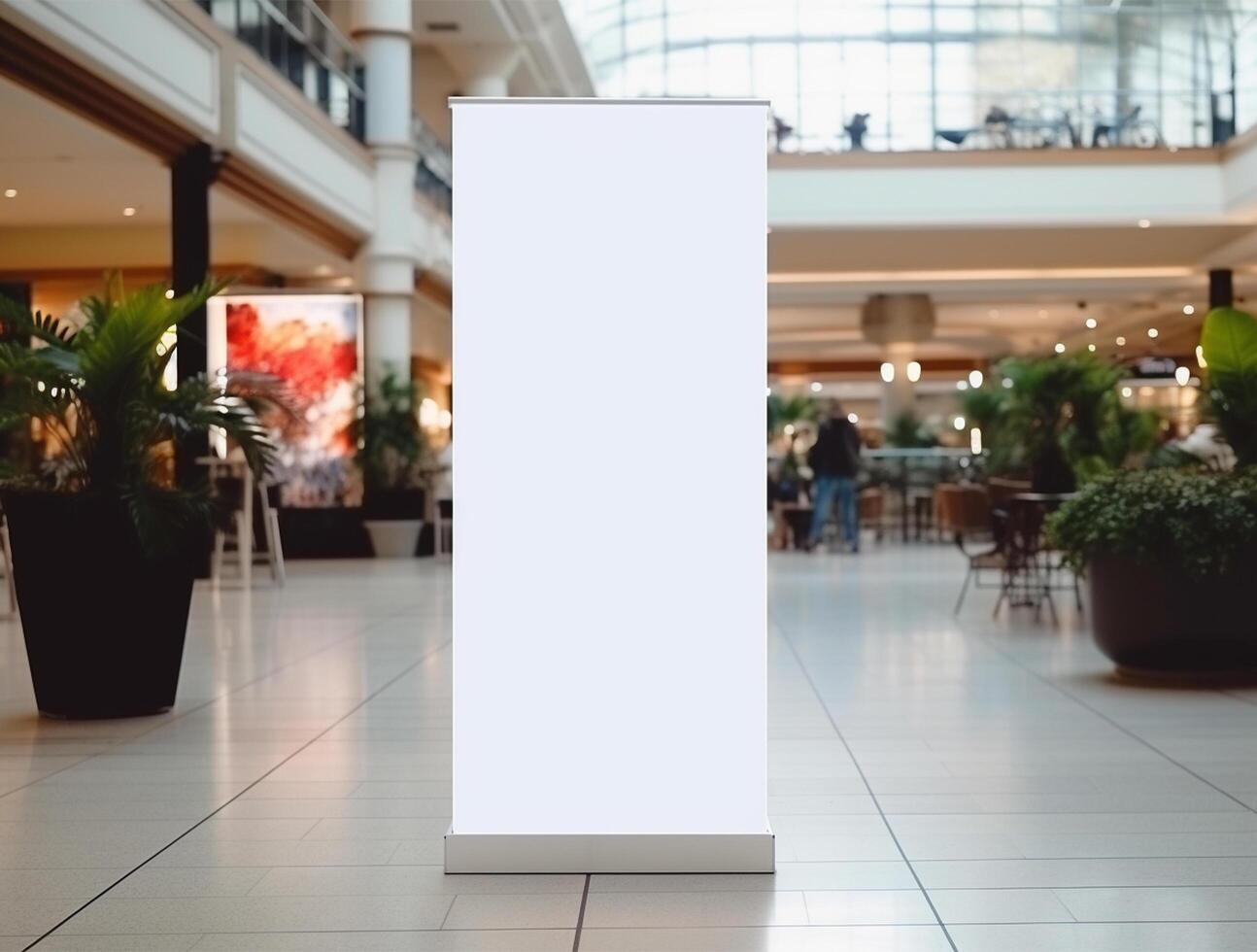 White blank roll up for mockup poster stands in shopping center background photo