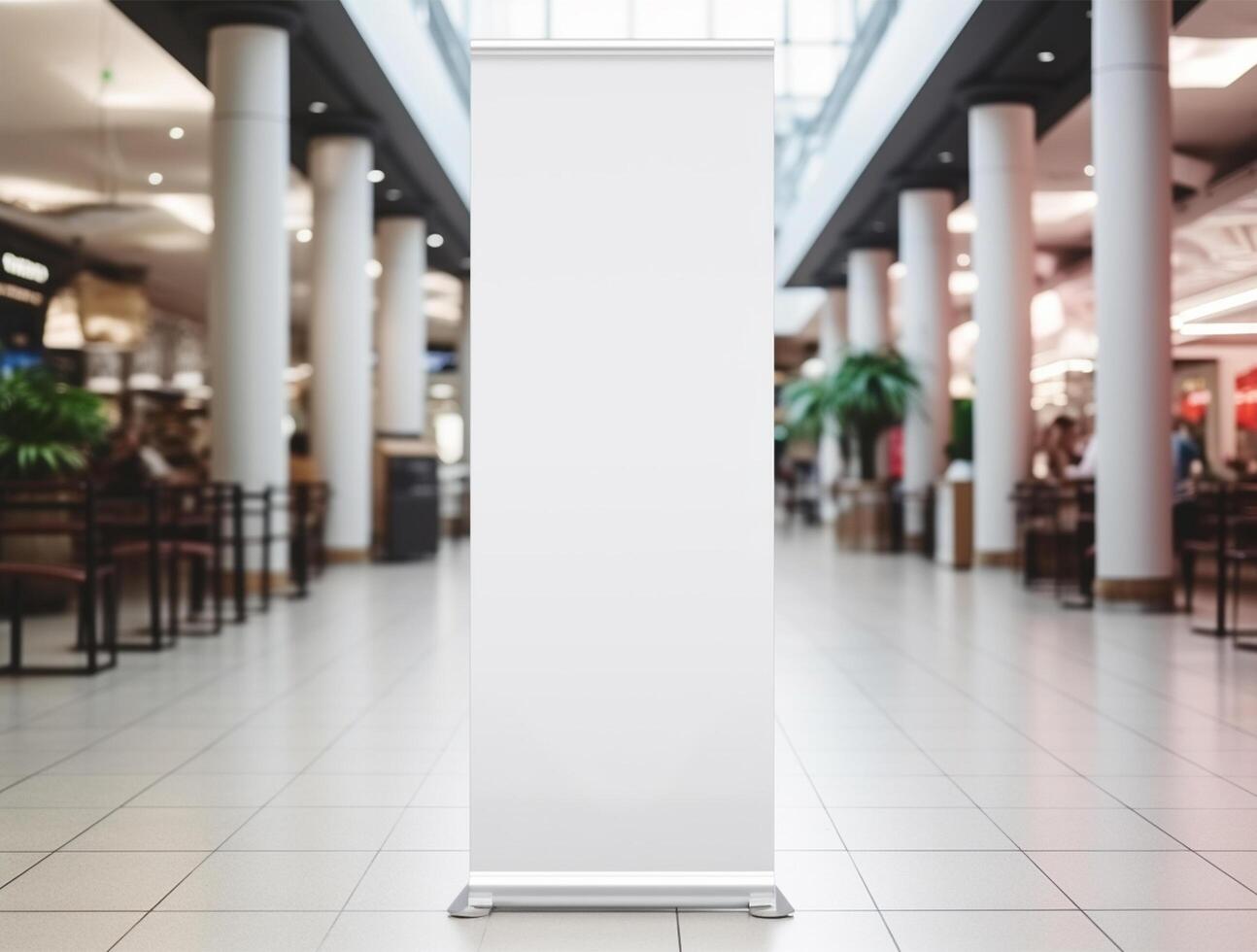 White blank roll up for mockup poster stands in shopping center background photo