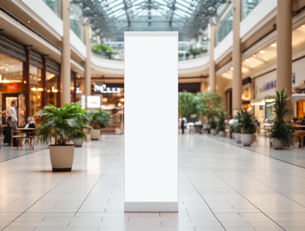 White blank roll up for mockup poster stands in shopping center background photo
