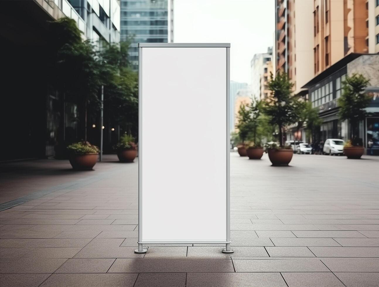 White blank roll up for mockup poster stands in shopping center background photo