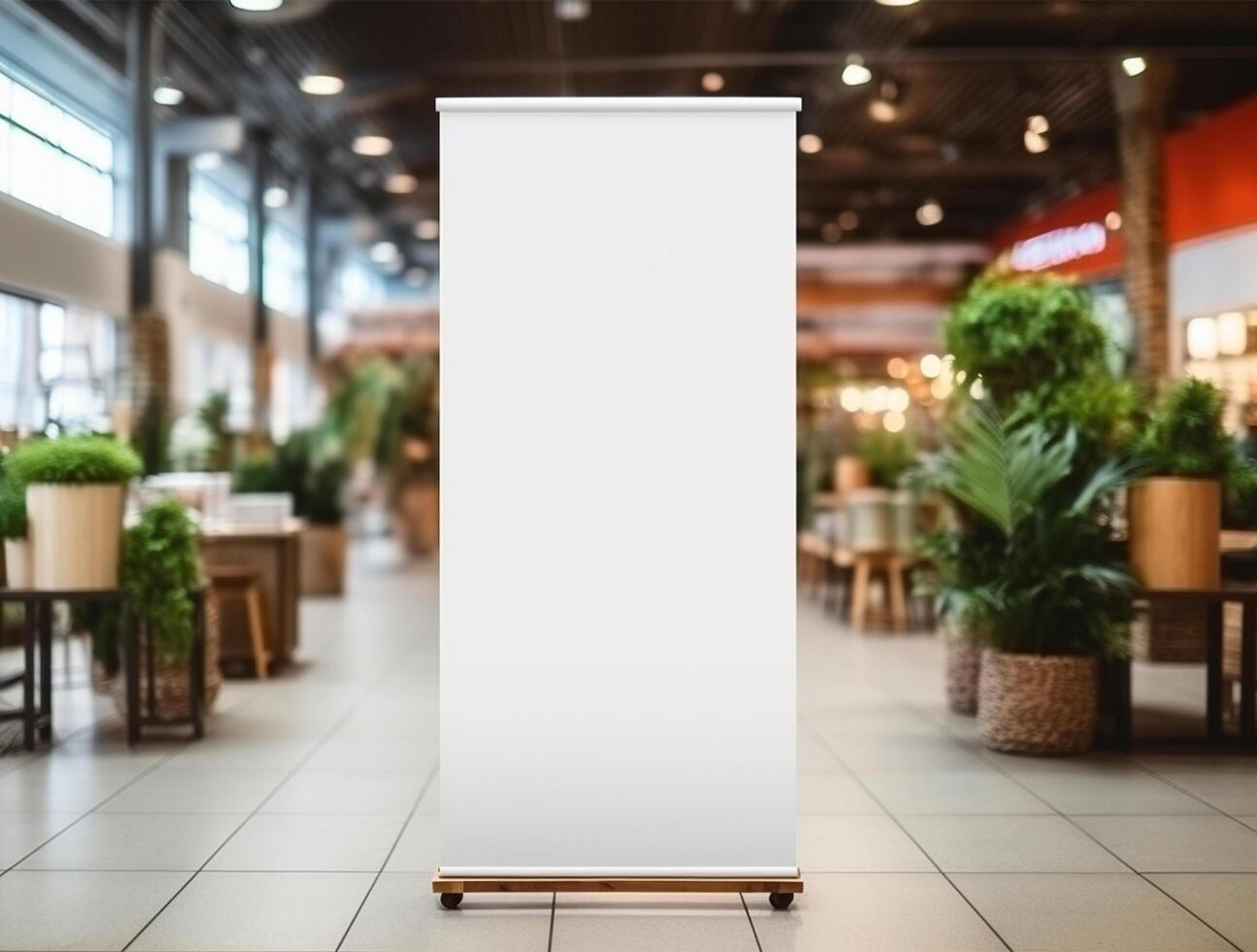 White blank roll up for mockup poster stands in shopping center background photo