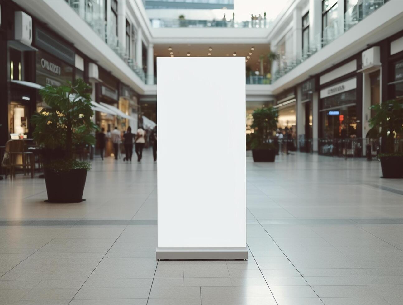 White blank roll up for mockup poster stands in shopping center background photo