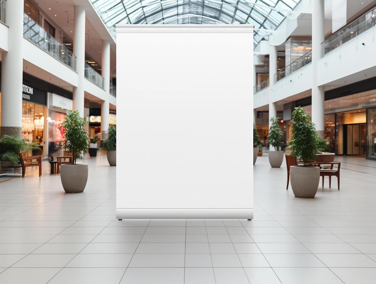 White blank roll up for mockup poster stands in shopping center background photo