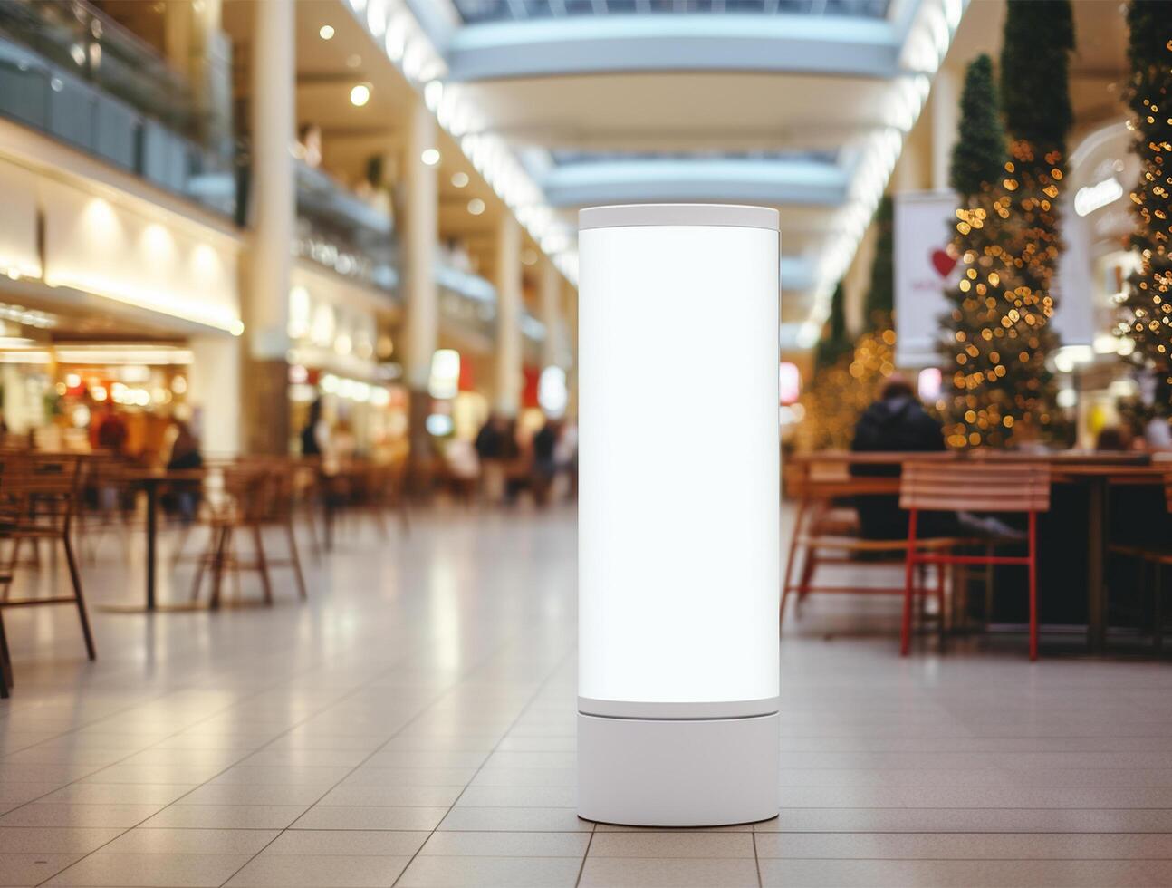 White blank roll up for mockup poster stands in shopping center background photo