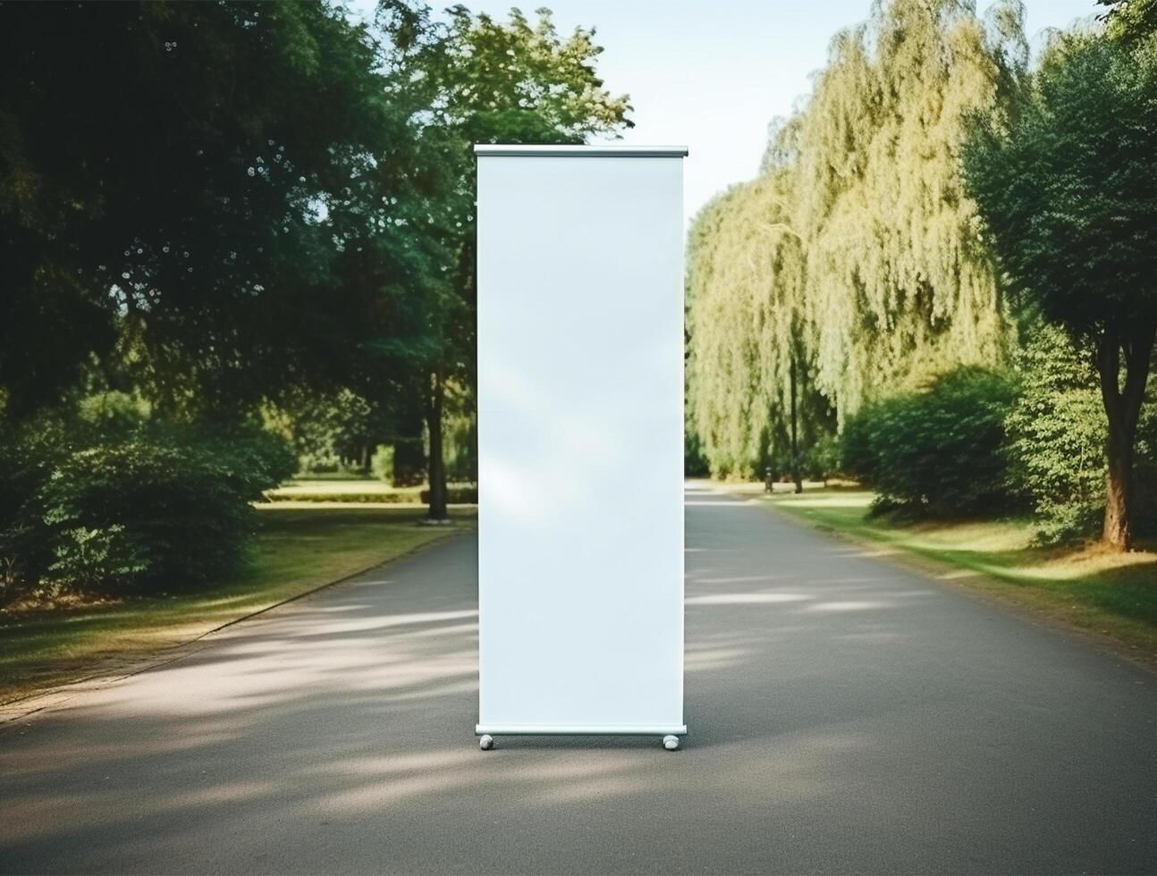 White blank roll up for mockup poster stands in shopping center background photo