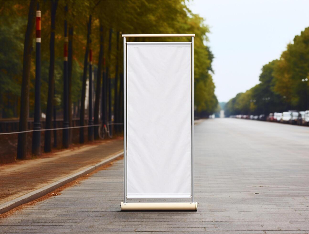 White blank roll up for mockup poster stands in shopping center background photo