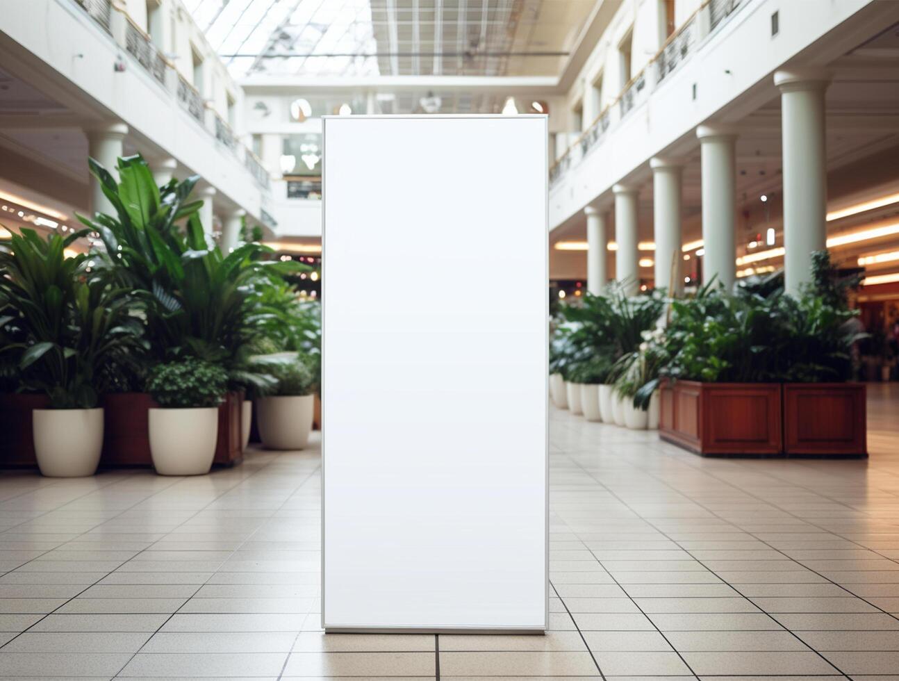 White blank roll up for mockup poster stands in shopping center background photo