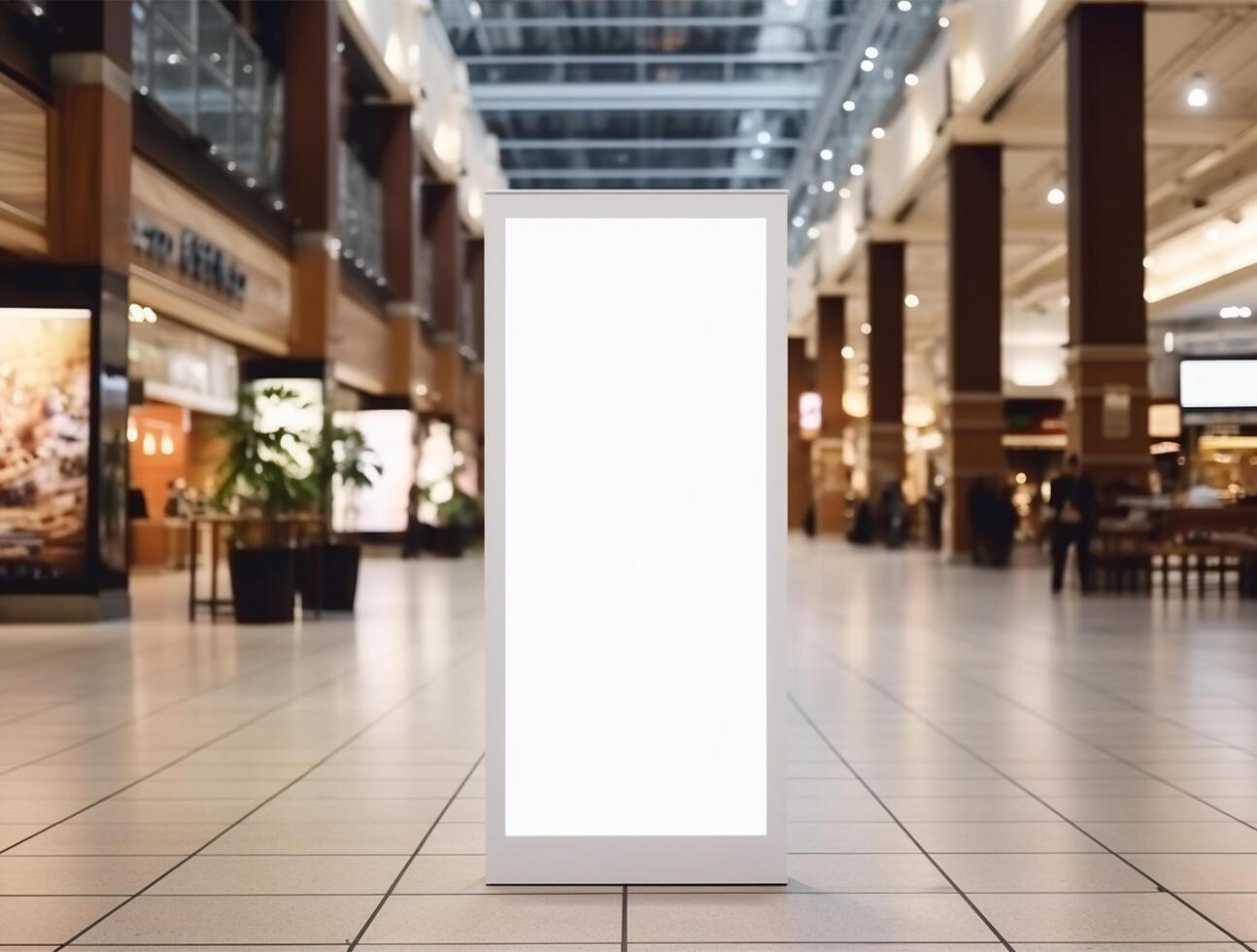 White blank roll up for mockup poster stands in shopping center background photo