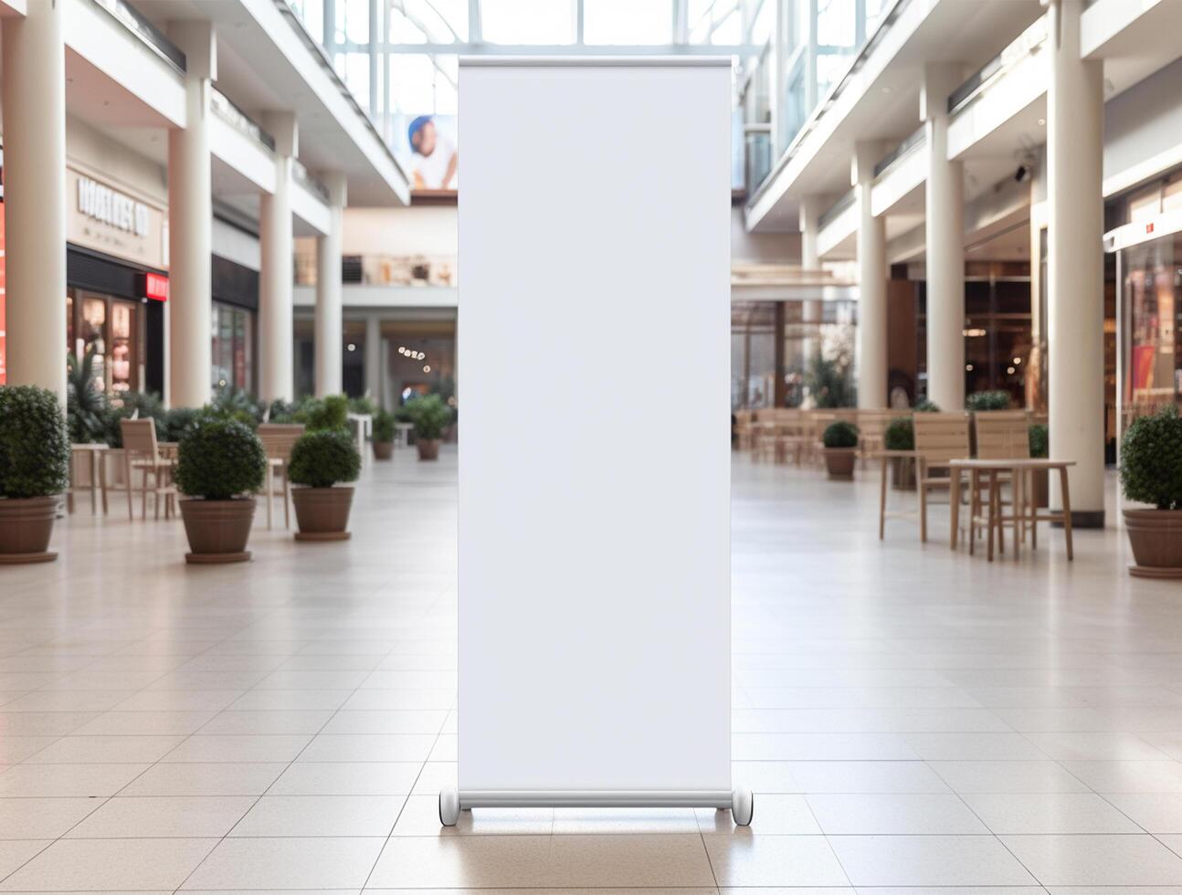 White blank roll up for mockup poster stands in shopping center background photo