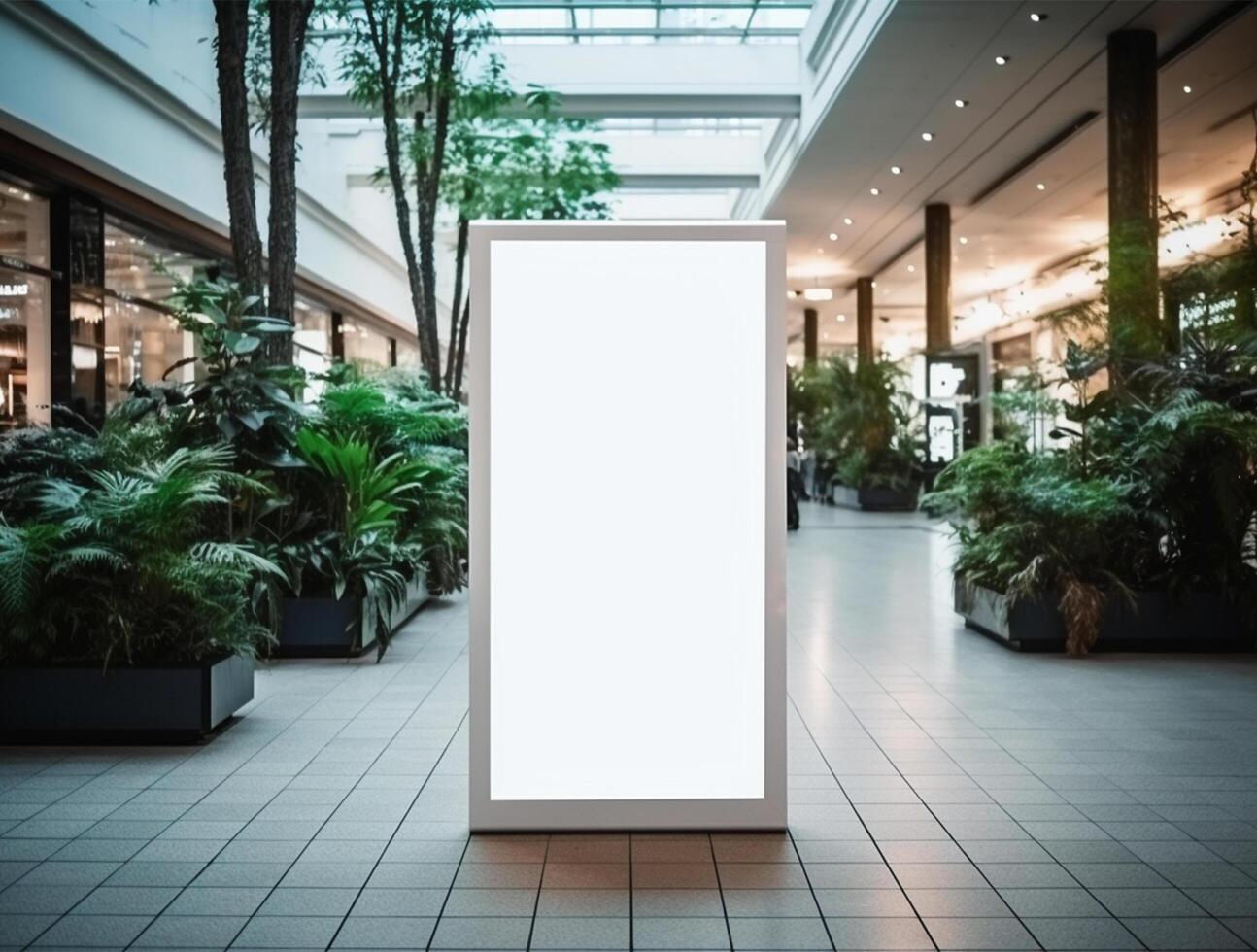White blank roll up for mockup poster stands in shopping center background photo