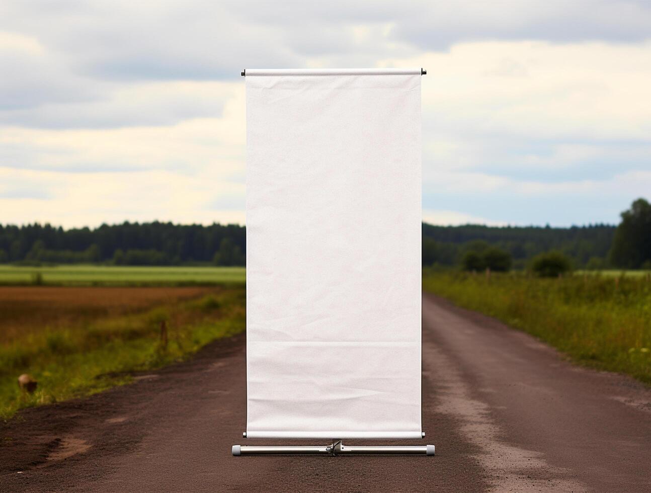 White blank roll up for mockup poster stands in shopping center background photo
