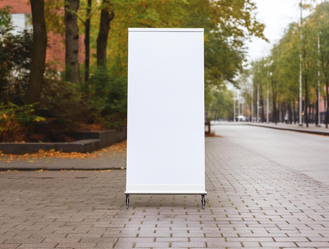 White blank roll up for mockup poster stands in shopping center background photo