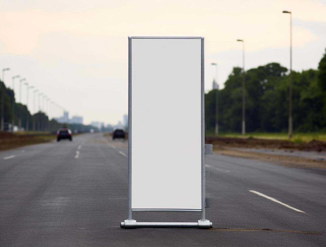 White blank roll up for mockup poster stands in shopping center background photo