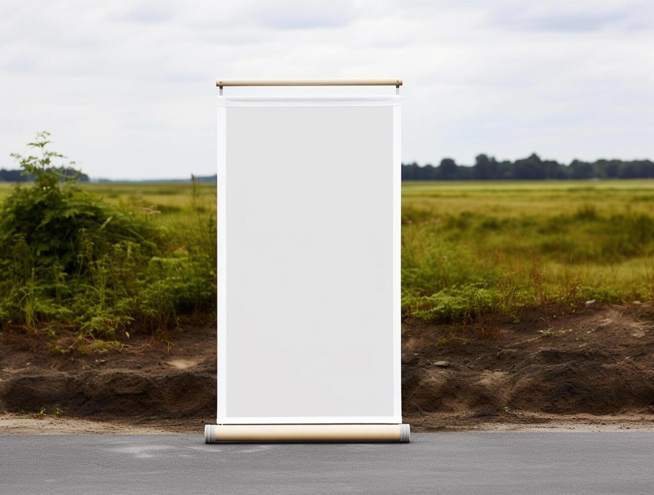 White blank roll up for mockup poster stands in shopping center background photo