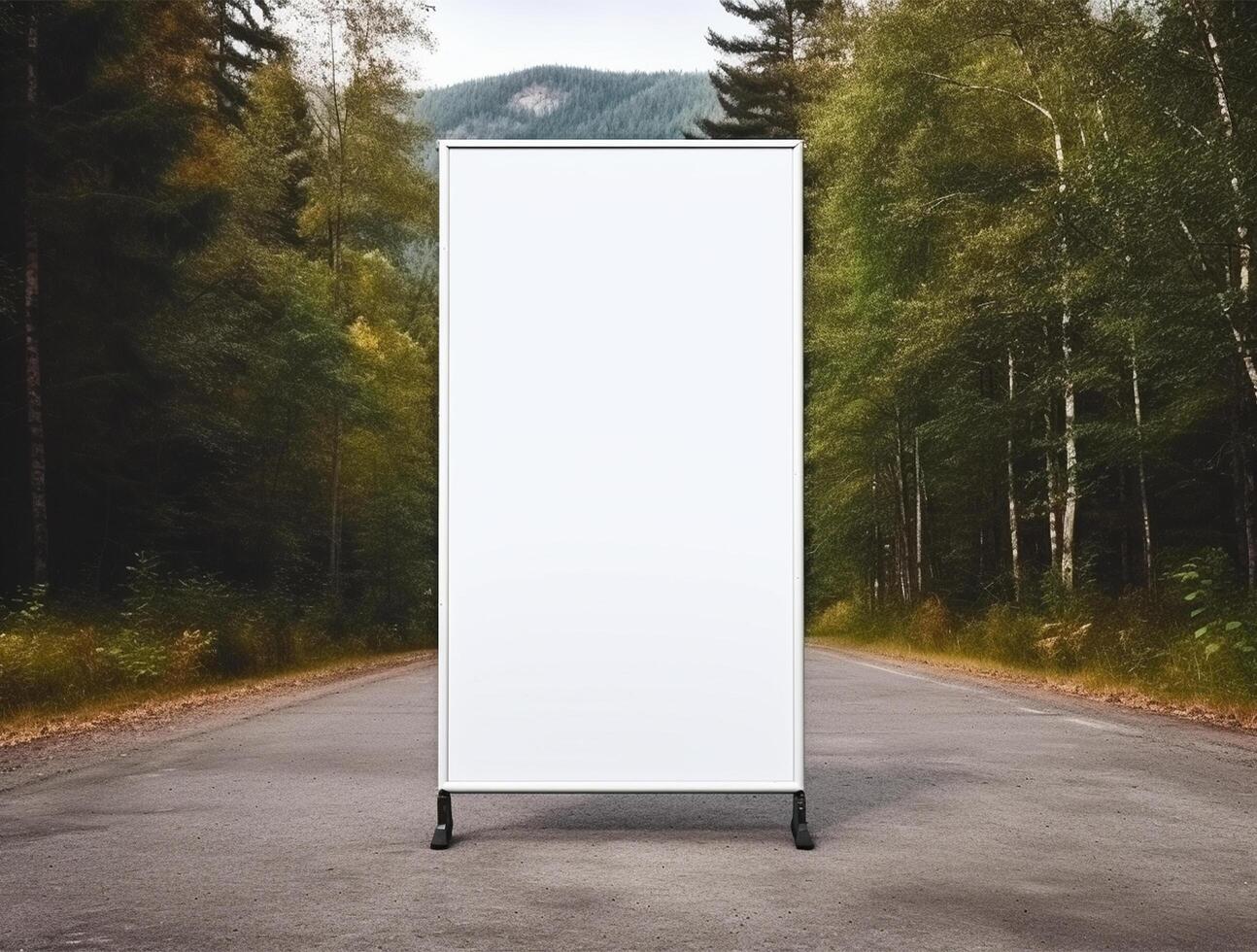 White blank roll up for mockup poster stands in shopping center background photo