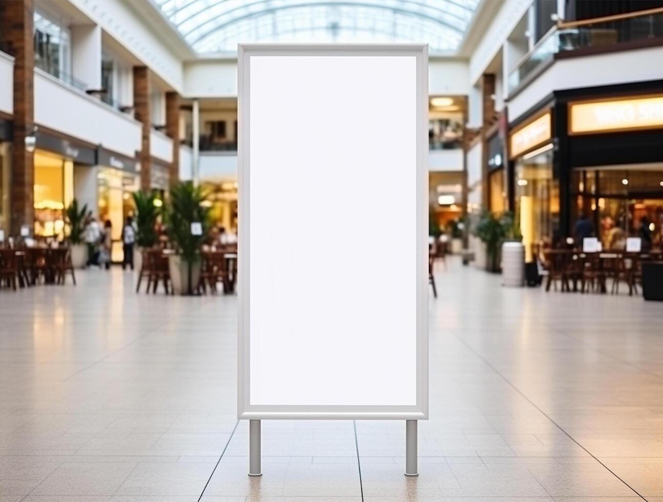 White blank roll up for mockup poster stands in shopping center background photo