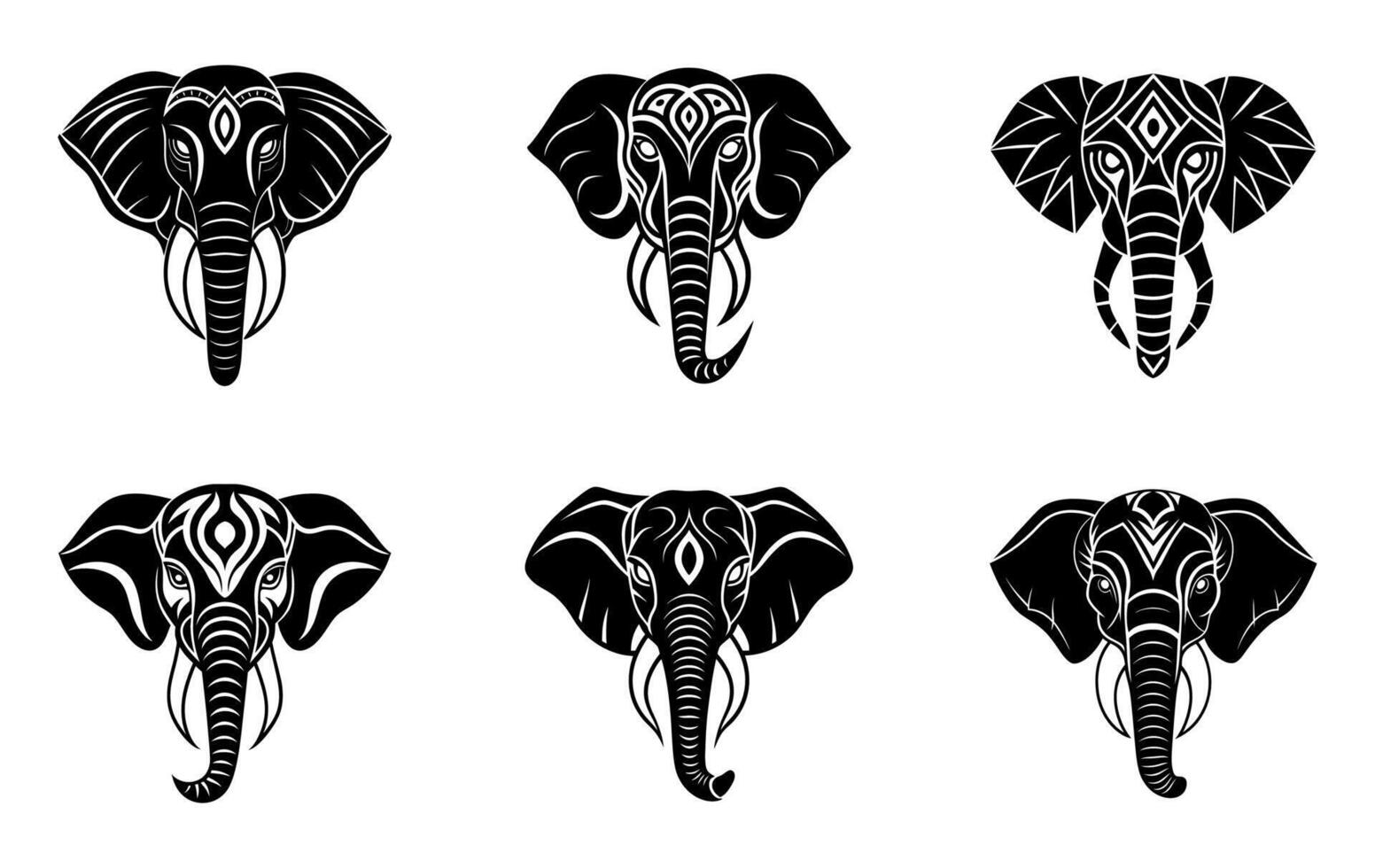 A detailed line art of an elephant head in profile, with large ears, curved tusks, and textured trunk, capturing its majestic and wise expression. vector