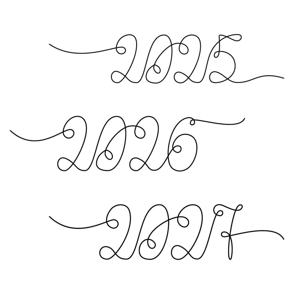 2025 2026 2027 hand drawn New Year date with one continuous line. Set of 3 design elements Isolated. Cards, poster, banner, brochure, price tag, label or web, promo or print, textile concept vector