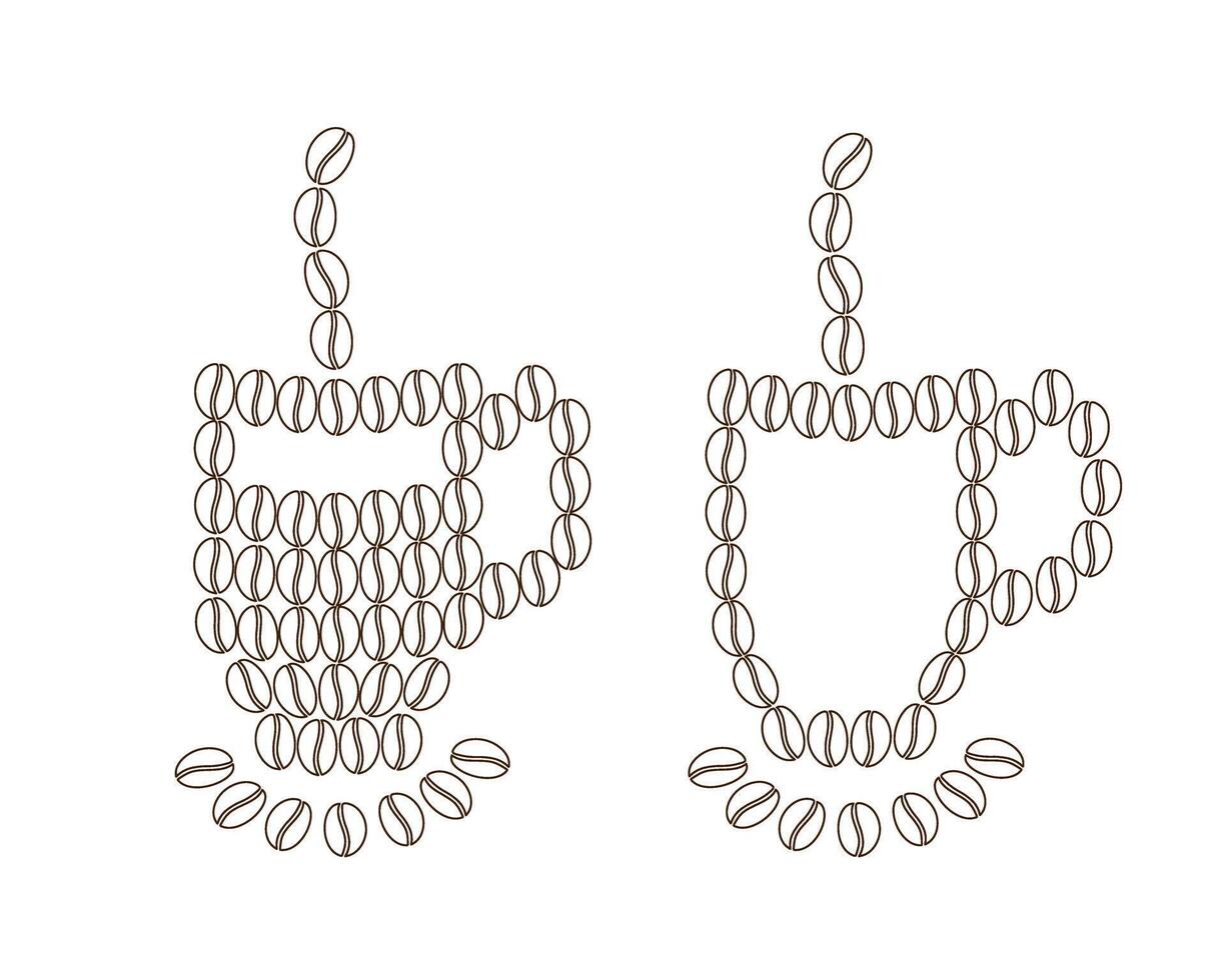 Abstract coffee cups with steam and saucer made of outline coffee beans. Outline and silhouette idea. Isolate EPS. Logo, sticker, icon or greeting, card, banner, price tag, label or web concept vector