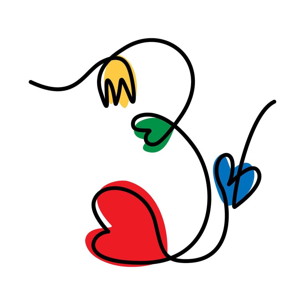 Number 3 with hearts and flowers hand drawn Decorative one continuous line. Line Art design concept. Isolated EPS . Lettering, inscription cards, poster, banner, price, label or web, promo idea vector