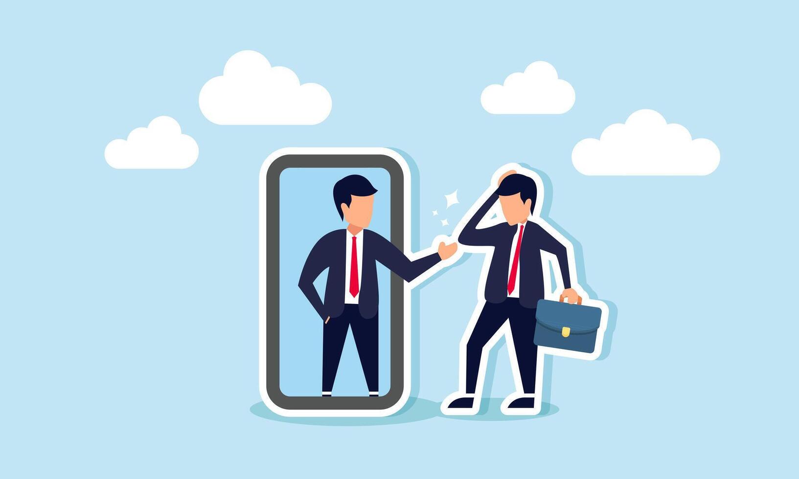 Self esteem and self care believe in yourself, boost confidence, and respect your strong attitude, concept of A frustrated businessman looks in the mirror as his shadow encourages his confidence vector