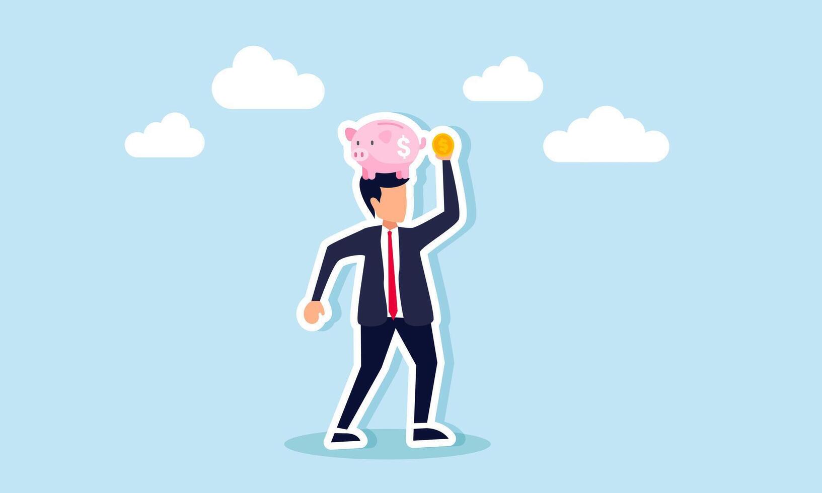 Pay yourself first invest in personal savings before paying debts or spending, concept of A smart young man puts dollar coins into a piggy bank on his head vector
