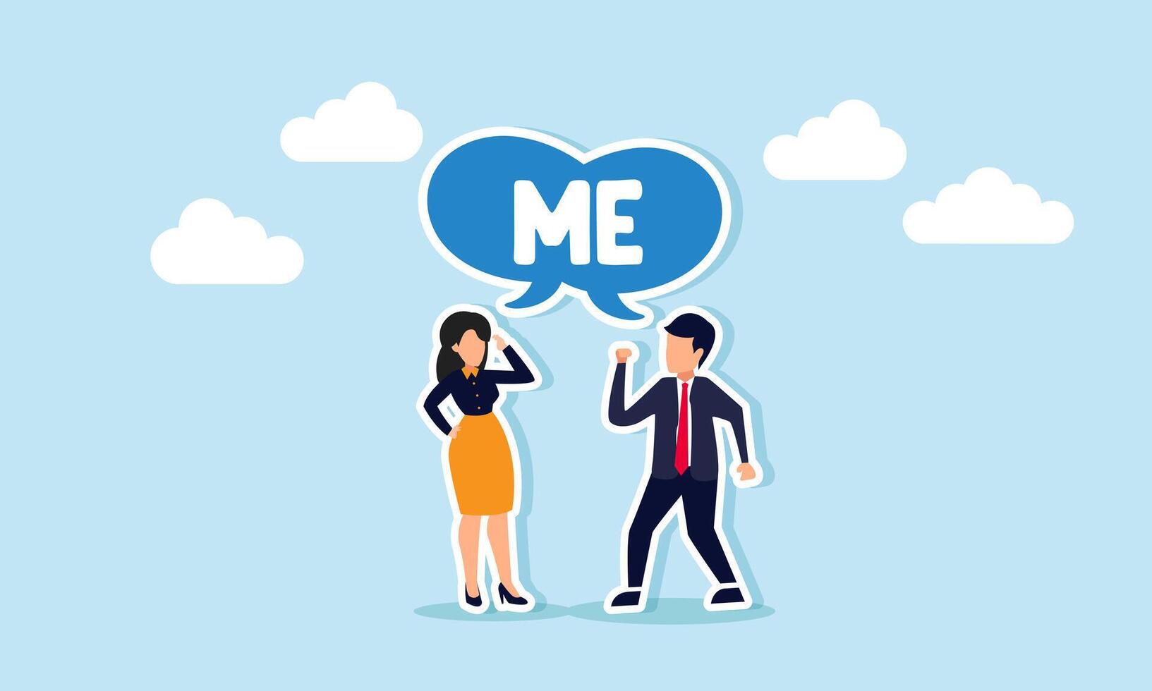 Selfishness and ego lead to arguments, overconfidence or narcissism causes conflict, and greed fuels disputes, concept of A selfish businessman and businesswoman argue, shouting ME vector
